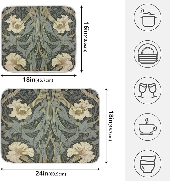 William Morris Flowers Print Dish Drying Mat for Kitchen Counter Absorbent Microfiber Small Drying Pad Dish mats for Kitchen Countertops 16 x 18 Inch