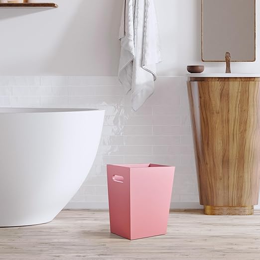 Small Trash Can Wastebasket, 2 Gallon Wooden Waste Basket with Handles, Rectangular Garbage Can Trash Basket for Pink Bathroom, Living Room, Office, Kitchen, Laundry Room Decor and Accessories