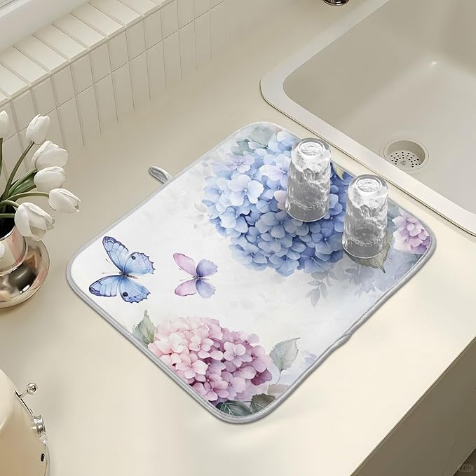Blue Pink Hydrangea Spring Floral Dish Drying Mat for Kitchen Counter Absorbent Microfiber Small Drying Pad Dish mats for Kitchen Countertops 16 x 18 Inch