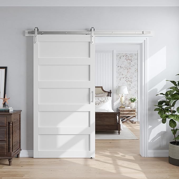SmartStandard 42x96 inch White Barn Door with 7FT Brushed Nickel Sliding Door Hardware Track Kit Included, Solid MDF Slab, Waterproof PVC Surface, 5-Panel, Suitable for Openings up to 40in x 94in