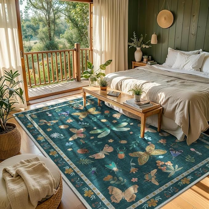 5x7 Washable Area Rugs for Bedroom & Living Room - Insect Rug,Floral Colorful Boho Vintage Rug,Soft & Non-Slip,Low Pile Wool Carpet for Indoor Dining Room,Girls Room,Nursery Room and Kids Room(Teal)