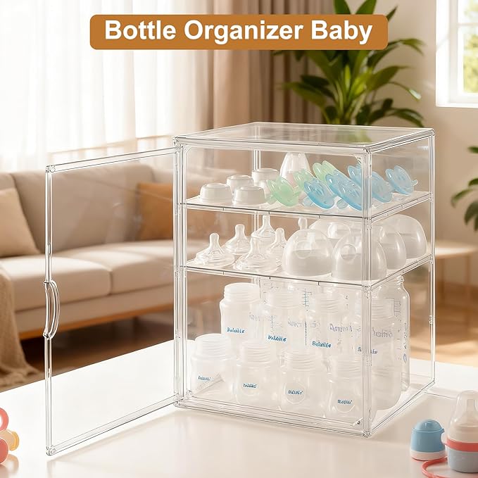 Baby Bottle Organizer – 3 Tier Acrylic Bottle Storage Organizer container, Clear Plastic Bottle Station Organizers Drawers for Countertop Kitchen Cabinet Vanity, Bathroom