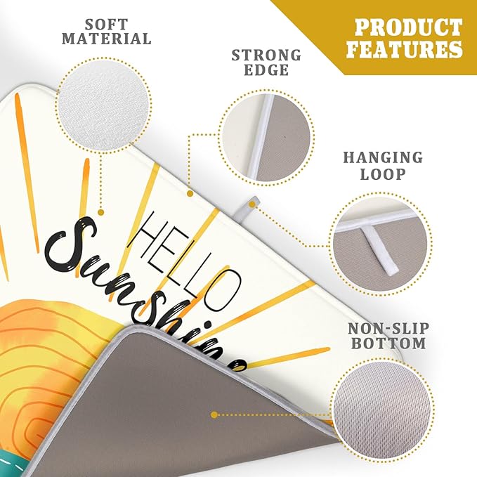 Summer Seaside Sunset over Sea Dish Drying Mat for Kitchen Counter,Hello Sunshine Drying Mat 18 x 24 Inch with Absorbent Reversible Microfiber Drying Pad for Coffee Bar