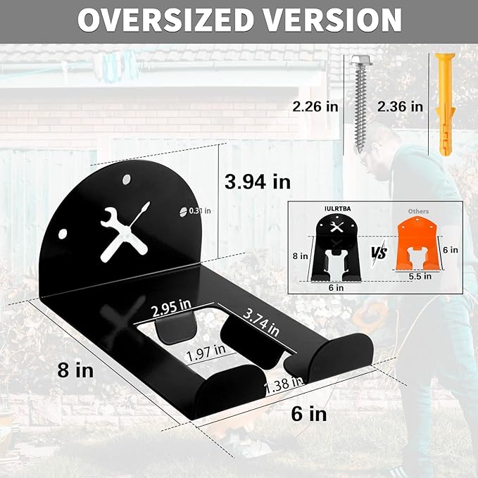 Upgraded Trimmer Rack Wall Mount - 8" Heavy Duty Weed Eater Hanger for Garage Wall, Garden Power Tool Holder Organizer Hooks for Grass Trimmer, Hedge Trimmer, Leaf Blower and Chainsaw, Black, 2 Pack