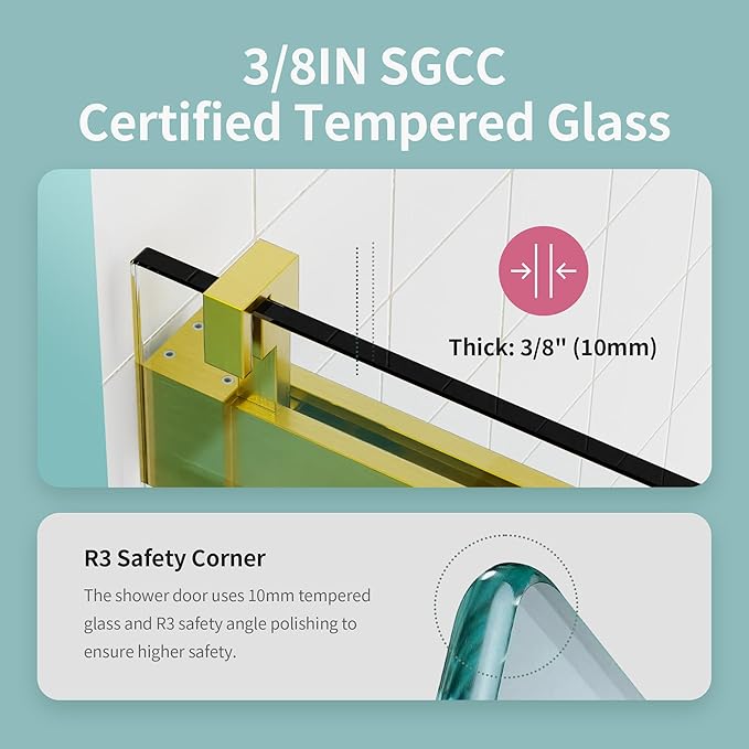 56-60" W x 76" H Frameless Soft-Close Sliding Shower Door, 3/8" (10mm) SGCC Tempered Glass, Reversible Install, Brushed Gold, Elegant Bathroom Upgrade