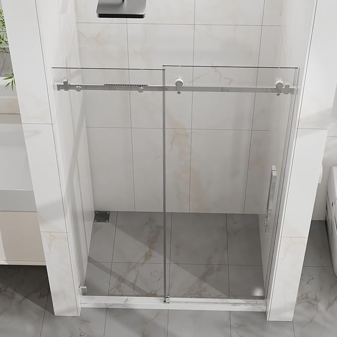 Frameless Shower Door 48" W x 72" H, 1/4" Clear Tempered Glass, Sliding Design, Reversible Installation, Chrome Finish, Space-Saving Glass Shower Door for Small Bathrooms