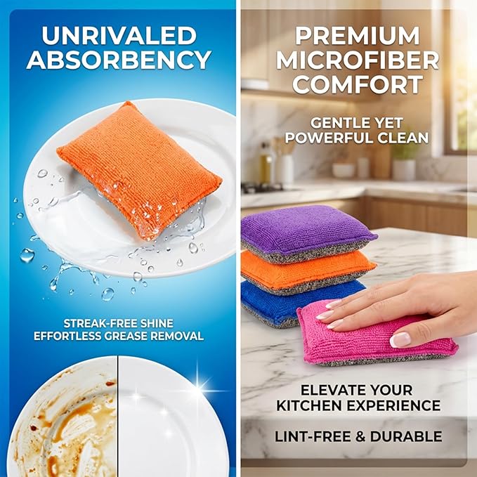 MAQIHAN 8 Pack Microfiber Sponge Kitchen - Dish Scrubber Sponge Non-Scratch Reusable High Density Heavy Duty Kitchen Sink Dish Sponge for Washing Dishes, Pans, Household Cleaning Sponges 4 Colors.