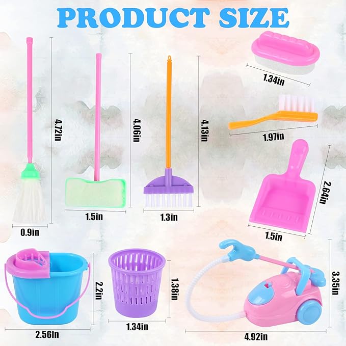 9 Pcs Miniature Dollhouse Cleaning Supplies Mini Bucket Mop Dust Pan Brush Broom Mini Housework Cute Cleaning Supplies Tools Miniature Furniture Dollhouse Decoration Accessories
