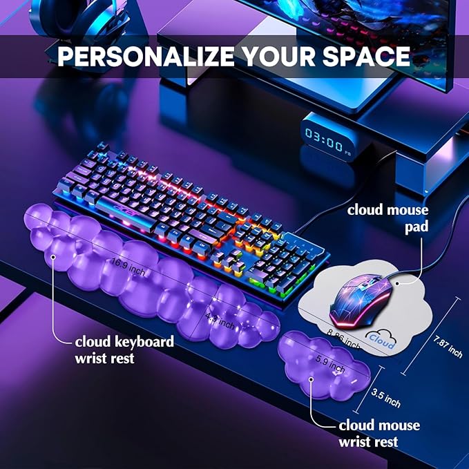 JIKIOU Clear Gel Wrist Rest for Keyboard and Mouse, Cool Silicone Mouse Wrist Rest Set, Cute Ergonomic Wrist Rest for Keyboard Typing Pain Relief, Suitable for Office Computer Laptop Gaming Purple