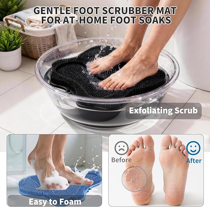 Show Foot Scrubber Mat & Silicone Back Scrubber with Butterfly Form Design,3 Brush Designs for Deep Cleaning Shower Foot Scrubber Mat, Wall Mounted Back Scrubber Silicone Bath (Black)