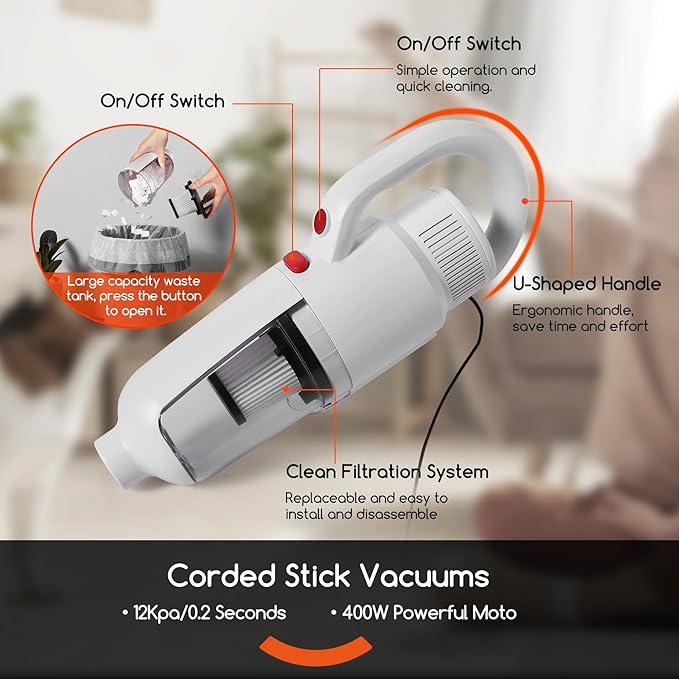 Lightweight Stick Vacuum Cleaner, Unique Vacuum and Mop Combo - 3 Dust Filters/Microfiber Pads,Corded Stick Vacuums & Electric Brooms - 400W 12Kpa Suction for Kitchen, Bedroom, Living Room