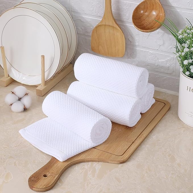 Kitinjoy 100% Cotton Waffle Weave Kitchen Hand Towels (13 X 28 Inches, White), 12-Pack Super Soft and Absorbent Dish Towel for Drying Dishes