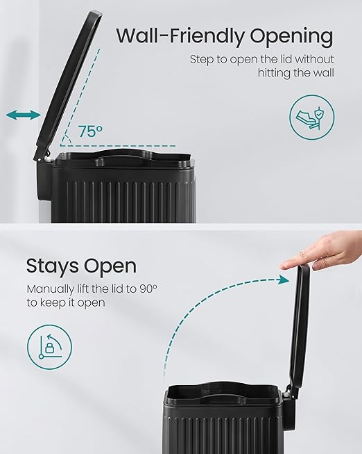 SONGMICS Bathroom Trash Can, 1.6-Gallon (6 L) Trash Bin with Lid, Slim for Small Spaces, Stainless Steel Garbage Can, Soft Close, Black ULTB563B02