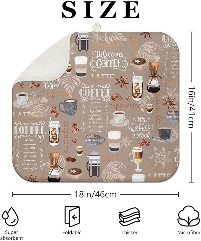 Coffee Dish Drying Mat for Kitchen Counter, Brown Farmhouse Style Microfiber Drying Mat, Washable Absorbent Kitchen Countertop Dish Draining Mat,16×18 Inch