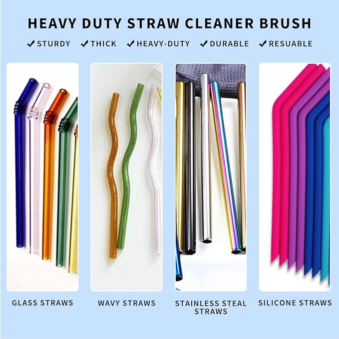 Extra Long 10 Inch Straw Cleaner Brush, Heavy Duty Thin Bristle Straw Brushes for Cleaning, Reusable Metal Straw Cleaner Brush Set for Stanley Cup, Glass Pipe & Drinking Straws (5-Pack)