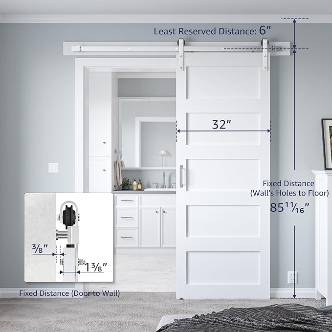 32in x 84in White Sliding Barn Door with 6ft Brushed Nickel Barn Door Hardware Kit & Handle, 5-Panel, Pre-Drilled Holes Easy Assembly, Water-Proof PVC Surface