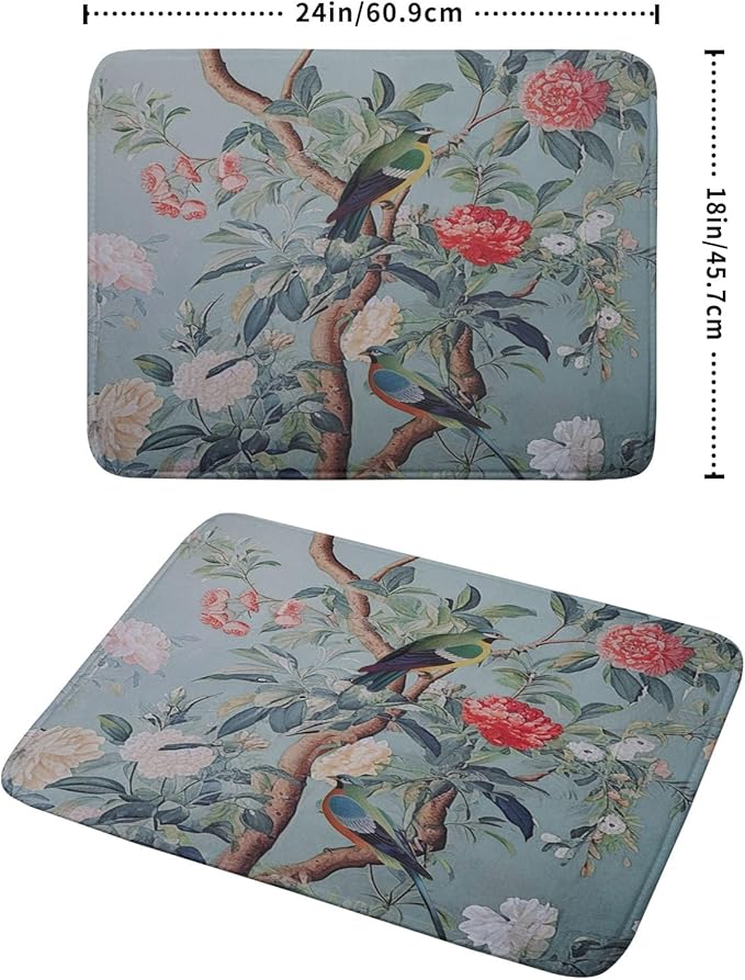 Khope Chinoiserie Dish Drying Mat for Kitchen Counter 18x24 Inch Blue Gray Vintage Bird Floral Reusable Washable Farmhouse Flower Drying Pad Countertop Home Decor