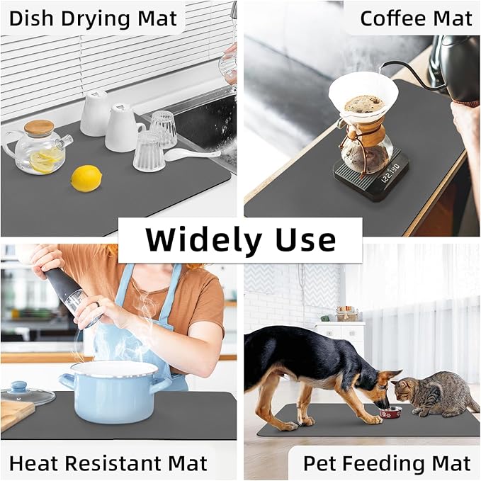 LOPNUR Kitchen Dish Drying Mat, 31.5"x17" Extra Large Dish Drying Mats for Kitchen Counter, Super Absorbent Dish Drying Pad, Diatomite Coffee Mat Heat Resistant Mat with Anti-slip Rubber Backed, Grey