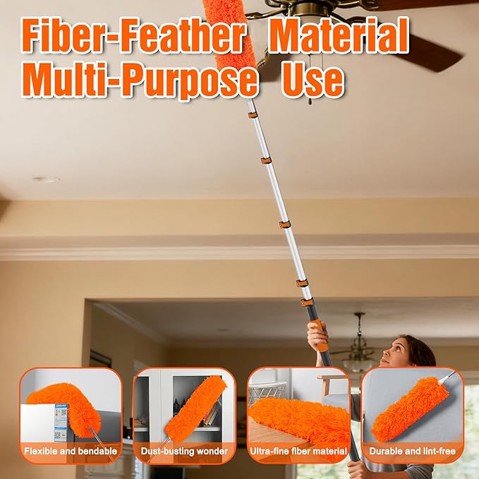26FT High Ceiling Duster Kits with 5-20FT Telescoping Extension Pole - Fan Blade Cleaner, Cobweb Remover & Window Cleaning Kit, Washable Dust Brush for High Roof and Glass Surfaces