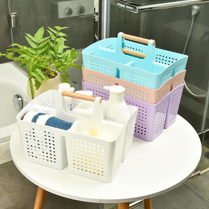 Portable Shower Caddy Basket with Compartments, Plastic Divided Cleaning Caddy Organizer Storage Tote with Handle for Bathroom, College, Dorm Room Essentials, Deep Blue