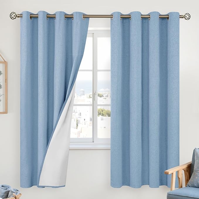 YoungsTex Light Blue Linen 100% Blackout Curtains 63 Inches Long for Bedroom, Room Darkening Thermal Insulated Drapes with Grommet Light Blocking for Coastal Living Room, 2 Panels, 52 X 63 Inch