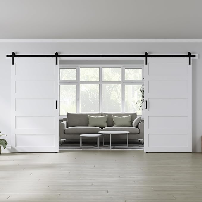Double 42" x 96" White Barn Door with 14FT Sliding Door Hardware Kit Included, 5-Panel, Assemblely Needed, Waterproof PVC Surface, Max Opening 82in x 94in