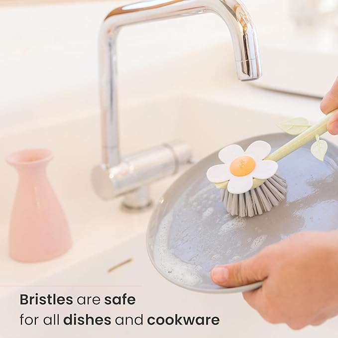 Vigar Florganic Daisy-Shaped Dish Brush with Vase Dish Brush Holder, Dish Brush with Handle, for Pot Scrubber, Kitchen Dishes, and Sink Cleaning, Pink
