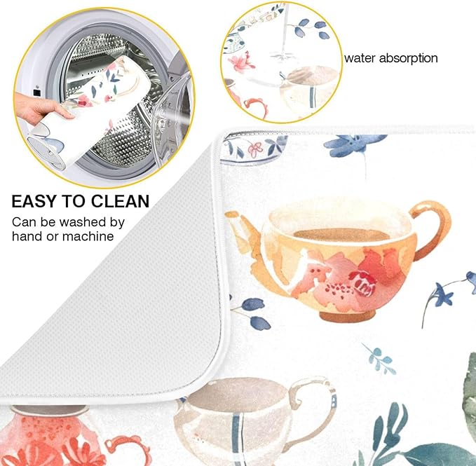 Watercolor Tea Cups Teapots Dish Drying Mat for Kitchen Counter Absorbent Microfiber Drying Pad, Large 18x24 in, Reversible Drainer Mats