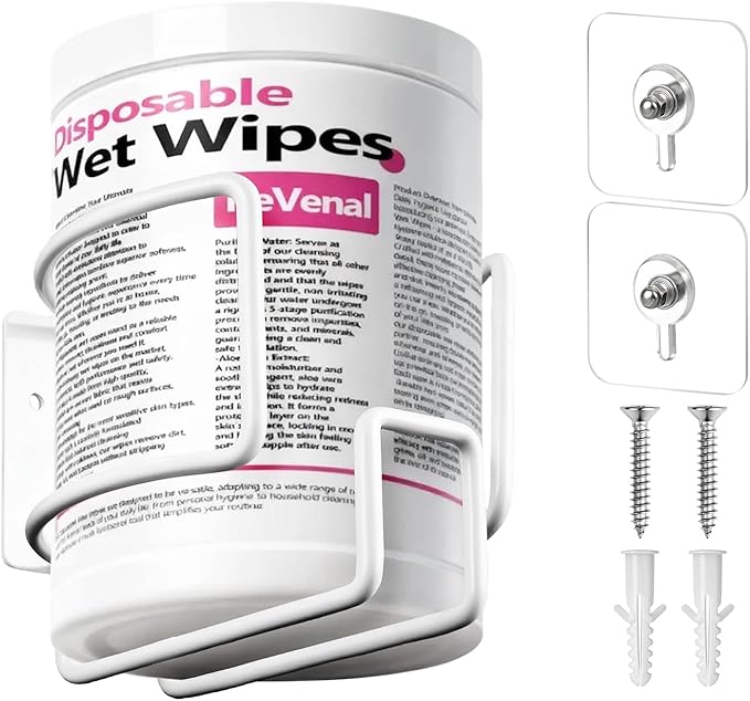 Wall-Mount Wipes Holder, Wipes Dispenser for Surface Cleaning Wipes, 5mm Steel Wire, Easy-Load Design with Strong Adhesive Backing (White, Large)