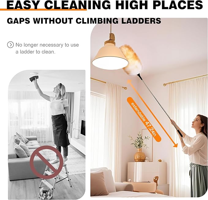 Feather Duster Lengthen Extendable Lambswool Feather Duster with Extension Pole Up to 59 Inch,Used for Home Cleaning Ceilings Furniture Fans Washable