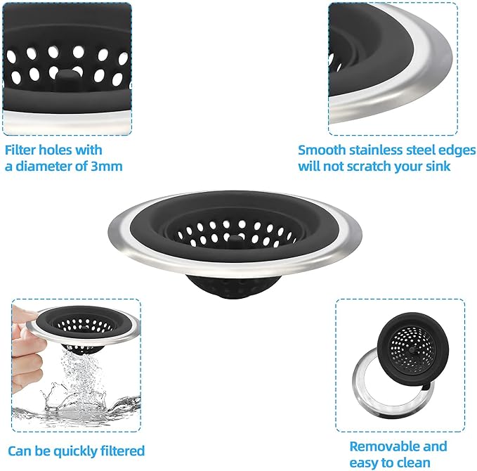 Mi hogar Sink Drain Strainer 2 Pack, 4.5” Wide Rim Silicone Kitchen Sink Stopper & Food Catcher, Flexible Drain Hair Catcher & Strainer Basket for Kitchen Bathroom Utility Sink, Easy to Clean
