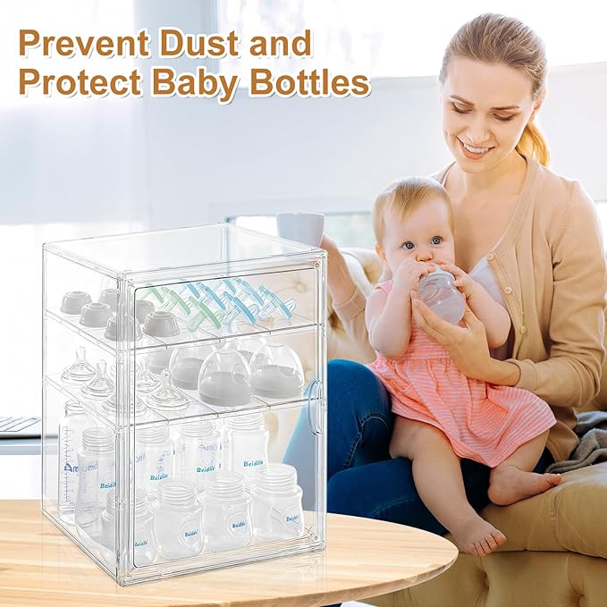 Baby Bottle Organizer – 3 Tier Acrylic Bottle Storage Organizer container, Clear Plastic Bottle Station Organizers Drawers for Countertop Kitchen Cabinet Vanity, Bathroom