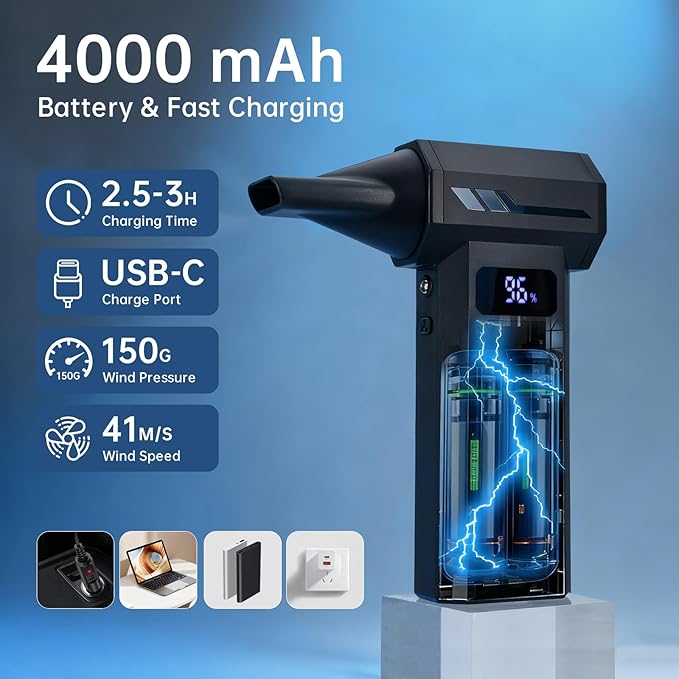 Compressed Air Duster, 110000RPM Electric Air Blower with 4-Speed Adjustable & LED Light, Rechargeable, Fast-Charging for Computer, Keyboard, Electronics, Car, Home & Outdoor Cleaning