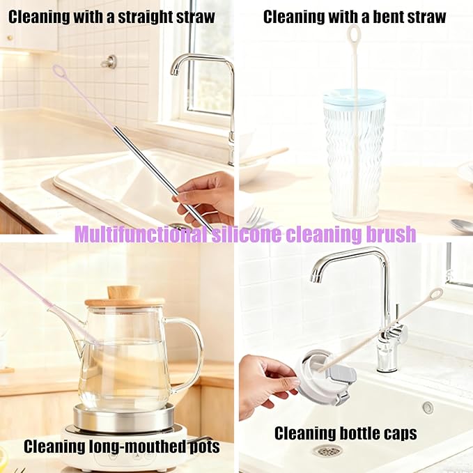4Pcs Reusable Silicone Straw Cleaner Brush Extra Long, Soft Bendable, Non-Slip Handle for Glass Metal Smoothie Straws (Pink&Beige)