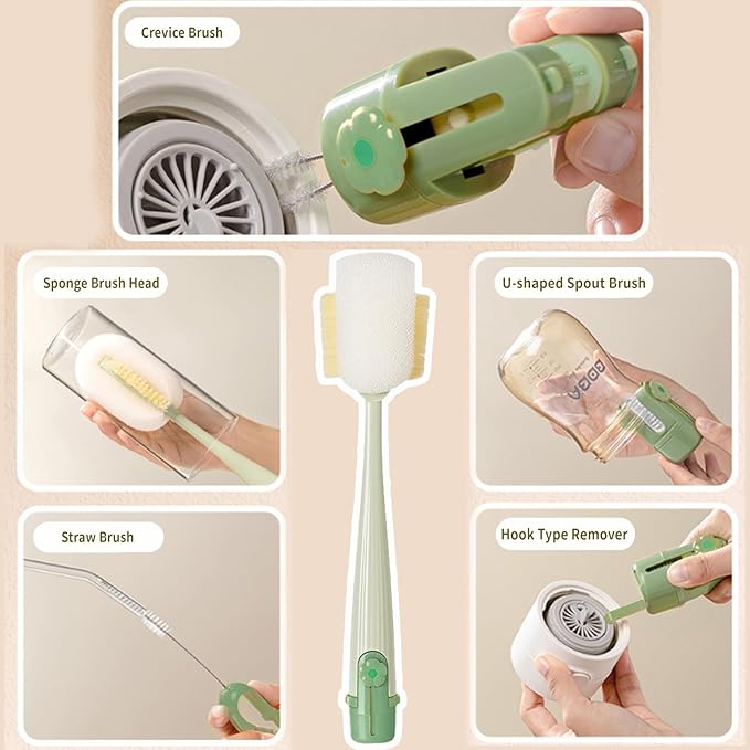 Water Bottle Cleaner Brush,5-in-1 Bottle Brushes for Cleaning,Bottle Scrubber Brush Cleaner(Green)