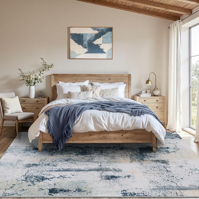 6x9 Area Rugs for Living Room, Bedroom,Modern Abstract Washable Rug, Boho Non Slip Low Pile Carpet for Indoor Dining Room,Office, Dorm, Farmhouse and Kids Room - Blue