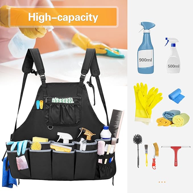 Extra-Large Cleaning Caddy & Large Apron, Organizer with Handle & Apron with Dual Shoulder Straps For Cleaning Tools Storage, Black