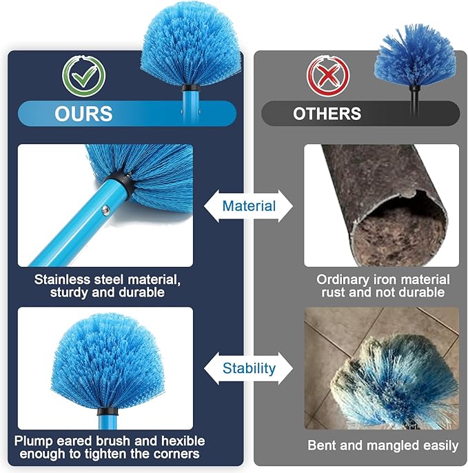 Dusters for Cleaning,Duster, Cobweb Duster with Extension Pole, Medium Stiff Bristles Cobweb Duster Head Ceiling Fan Duster Webster Cobweb Duster for Outdoor Indoor Cleaning (Blue, 8 FT)