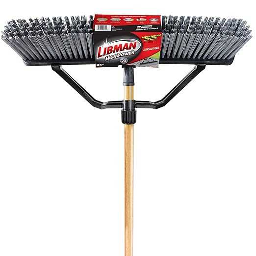 LIBMAN 829 Push Broom with Hard Polymer Support Brace, 24", Heavy-Duty Bristles, Wood Handle