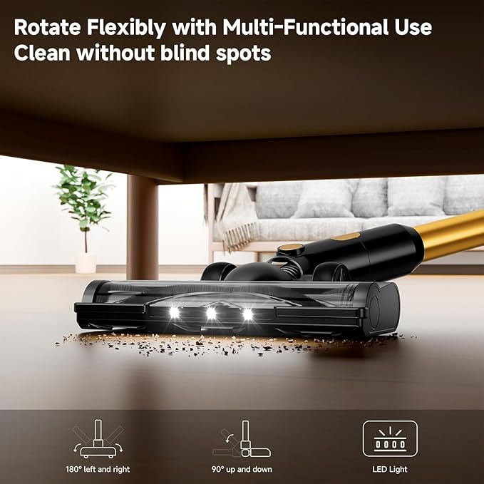 Cordless Vacuum Cleaner, 8 in 1 40Kpa 55Mins,Lightweight Vacuum Cleaners for Home, Stick Vacuum with Anti-Tangle Brush,Wall Mount, Rechargeable Cordless Vacuum for Floor/Sofa/Pet Hair,Golden
