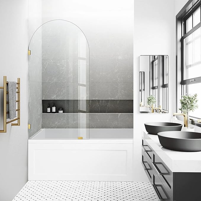 34" W X 58.25" H Tub Shower Door, Frameless Bathtub Glass Shower Door with Clamps, 5/16"(8mm) Clear Tempered Glass Bathroom Shower Screen Single Fixed Bath Panel in Brushed Gold