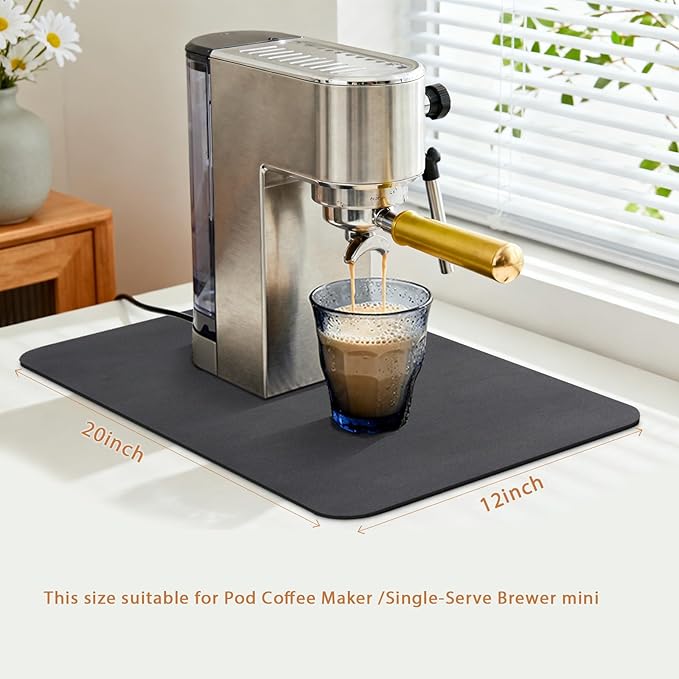 Coffee Station Mat 20x12 Inch, Black Bar Mat, Absorbent Hide Stain Rubber Backed Dish Drying Mat for Kitchen Counter, Mats for Countertops, Under Coffee Bar Maker Machine Pot Espresso Machine