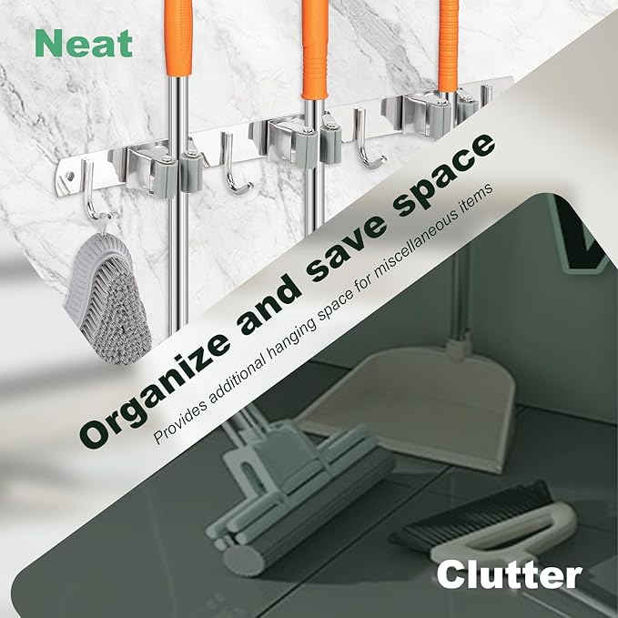 2 Pack Broom Holder Wall Mount 3 Racks 4 Hooks Stainless Steel Broom Mop Holder Anti Slip Storage Rack Strong Load Bearing Waterproof Broom and Mop Organizer Wall Hanging for Bathroom Kitchen Garage