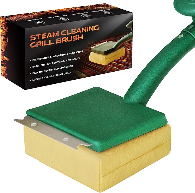 Grill Brush Bristle Free with Scraper, 22" Steam Grill Brush for Outdoor Grill, Replaceable Cleaning Head, Grill Cleaner for Cast Iron/Stainless Steel Grates - Green