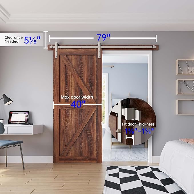 EaseLife 6.6 FT Brushed Nickel Sliding Barn Door Hardware Track Kit,Straight Pulley,Heavy Duty,Slide Smoothly Quietly,Easy Install (6.6FT Track Kit for 36"~40" Wide Single Door)
