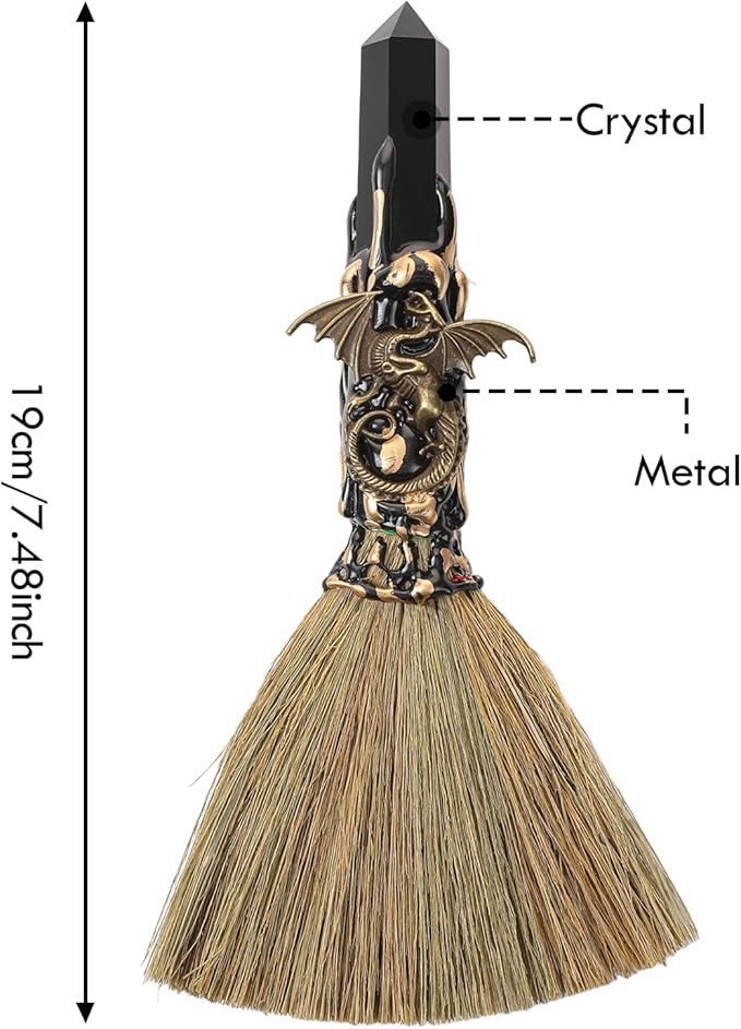 Witch Crystal Altar Broom - Witchcraft Supplies Wiccan Decor Dragon Altar Supplies with Black Obsidian Natural Healing Crystals Reiki Energy Emotional Regulation Wealth Attraction Crafts