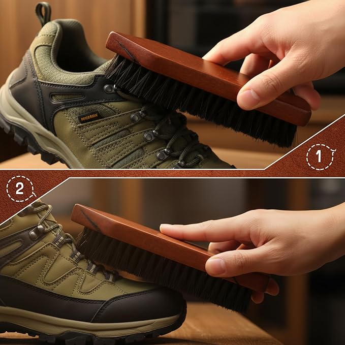 Vesici 5 Pcs Horsehair Shoe Polish Brush Kit Horse Hair Brush for Leather Boot Brushes Microfiber Cloth Leather Shine Polish Shoe Care Scrubber Clean Dauber Applicators