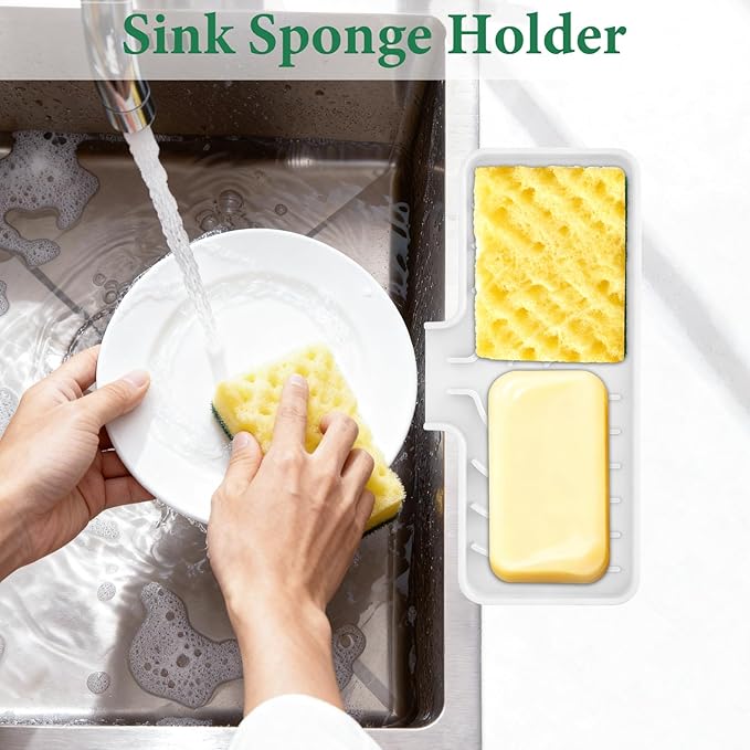 GUUKIN Sponge Holder for Kitchen Sink, 10x5 inch Silicone Dish Drying Mat, Compatible with Scrub Daddy, Kitchen Sink Accessories, Suitable for Kitchens & Bathrooms (White)