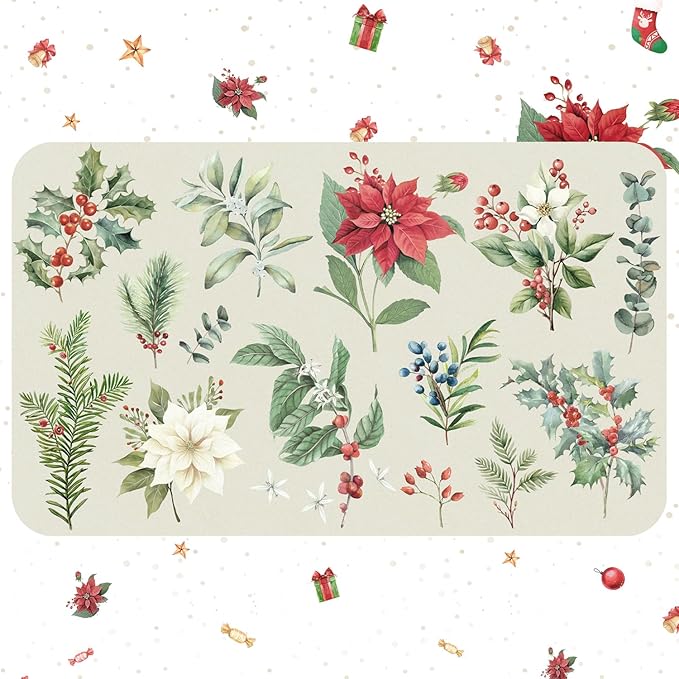 LOKHOM Christmas Dish Drying Mat for Kitchen Counter, 18"x24" Absorbent Christmas Sage Flower Herbs Drying Mat with Red Plants, Christmas Holiday Dish Rack Mat Coffee Maker Dining Room Decoration