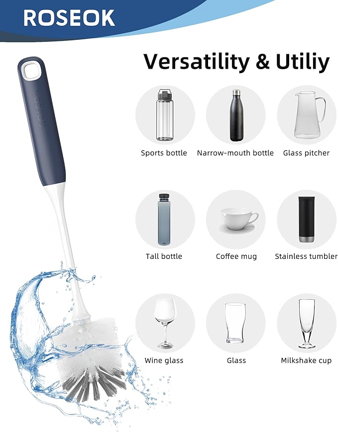 Long Handle Water Bottle Brush,Flexible Bottle Brush for Cleaning Milkshake Cup,Sports Bottle,Navy Blue,2 Pack